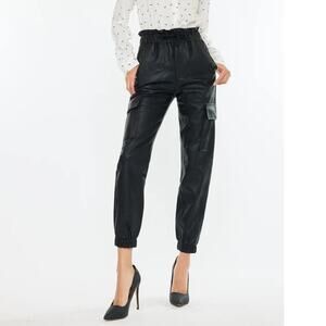 KanCan Rona Cargo Jogger Pants Large Faux Leather Ultra High Rise Sleek Chic NEW